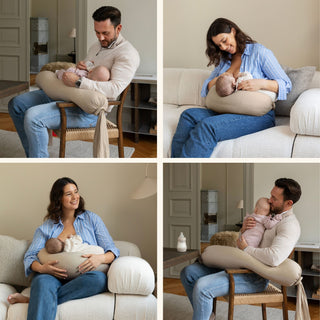 bbhugme Nursing Pillow Seashell Beige showing different ways of feeding